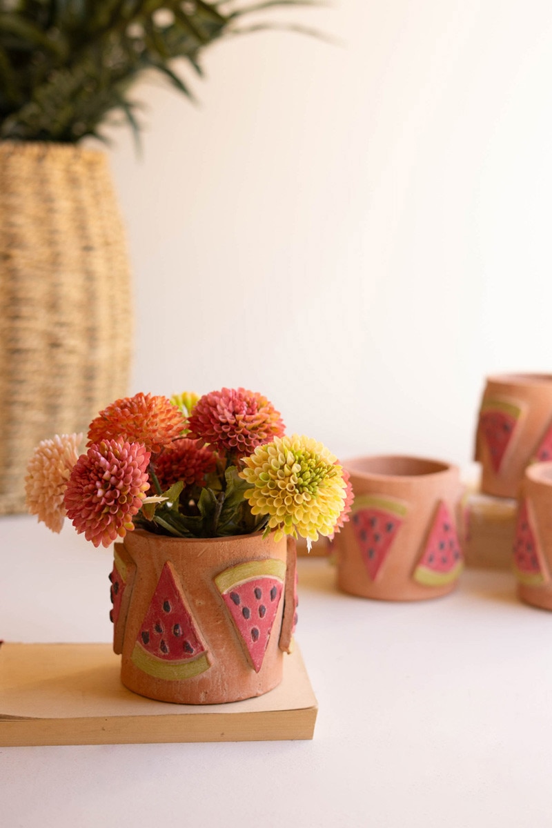 H4620 Clay Watermelon Handcrafted Ceramic Vase, Multi Color - Short