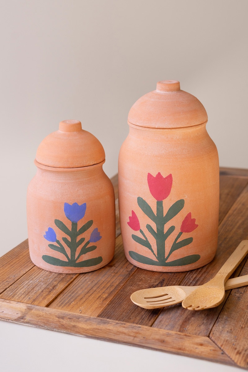 Picture of Kalalou H4669 Clay Canisters with Painted Flower, Multi Color - Set of 2