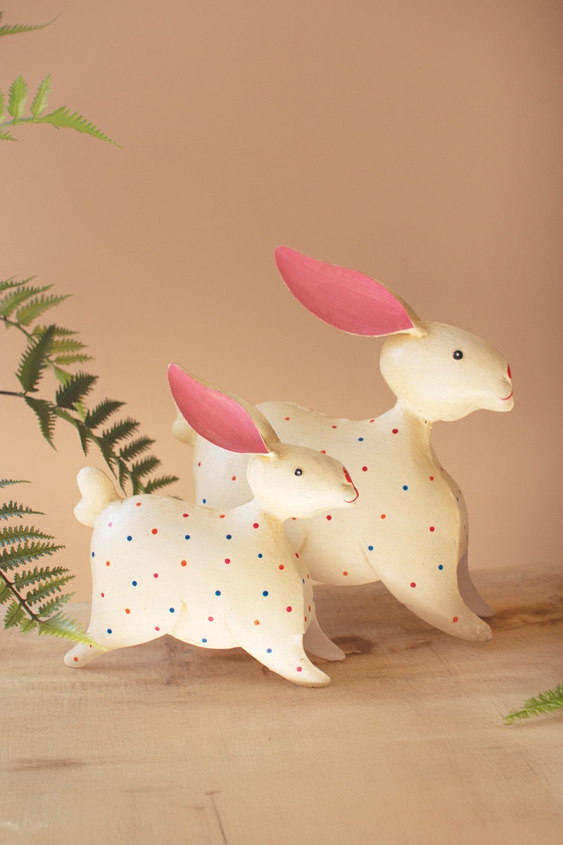 NBR1204 Painted Iron Rabbits with Polka Dots Sculptures, Multi Color