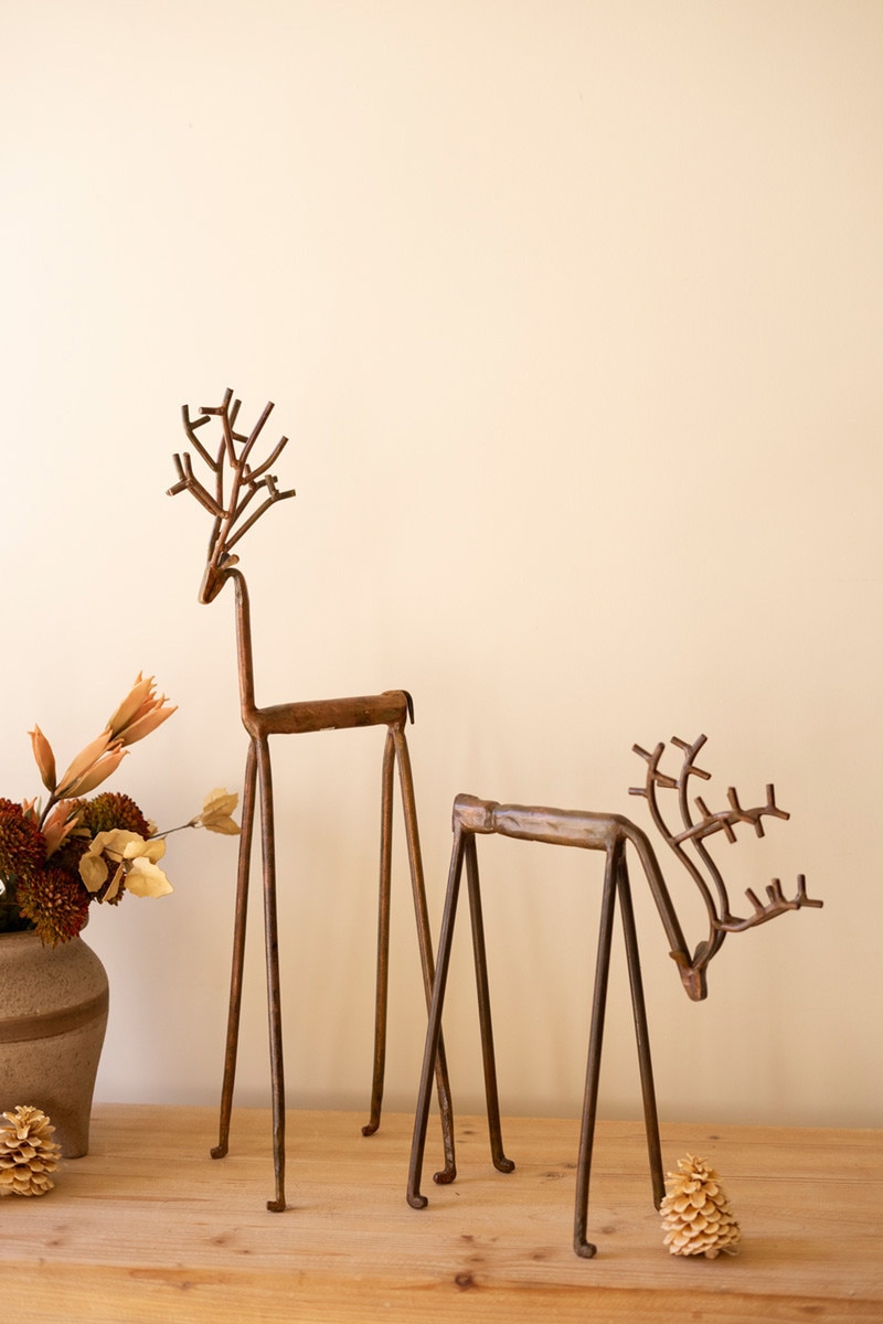NELE1071 Forged-Iron Deer Sculpture, Brown - Set of 2