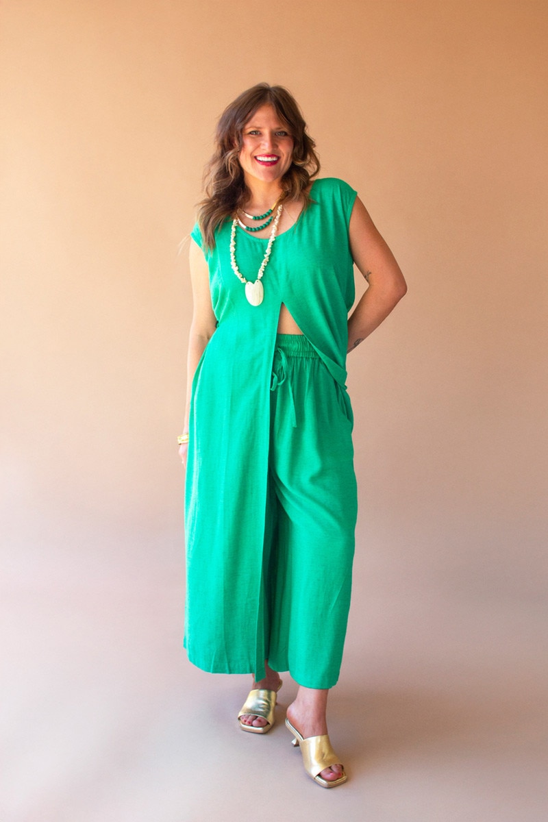 NELL1132 Sleeveless Split-Front Kale Tunic Top, Green