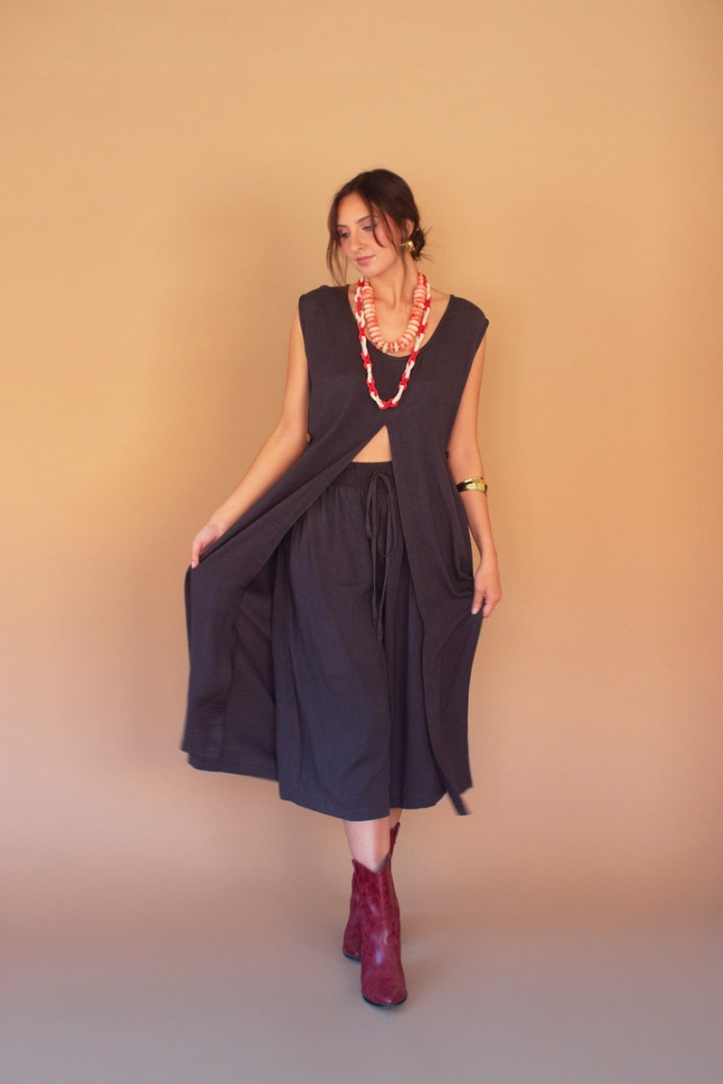 NELL1133 Sleeveless Split-Front Tunic Midnight Tunic Top, Grey