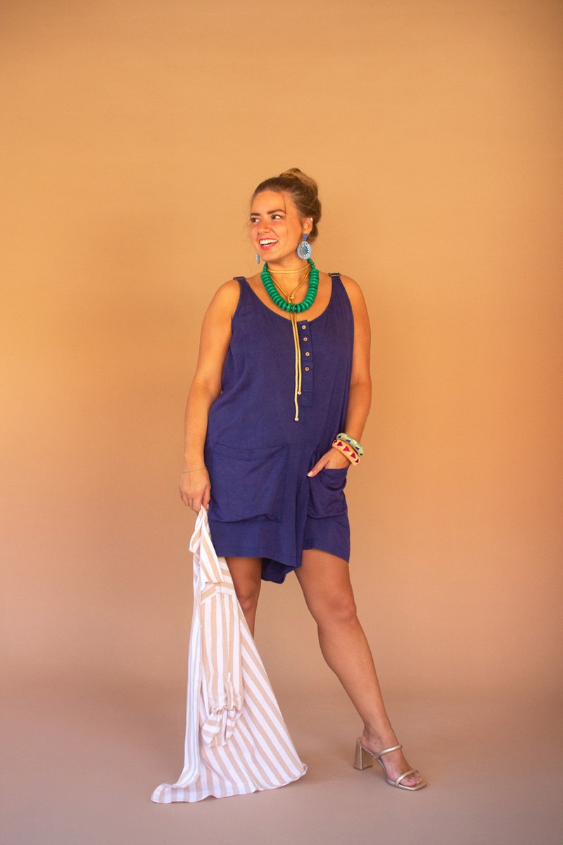 NELL1141 Adjustable-Strap Short Jumper with Front Pockets, Blue