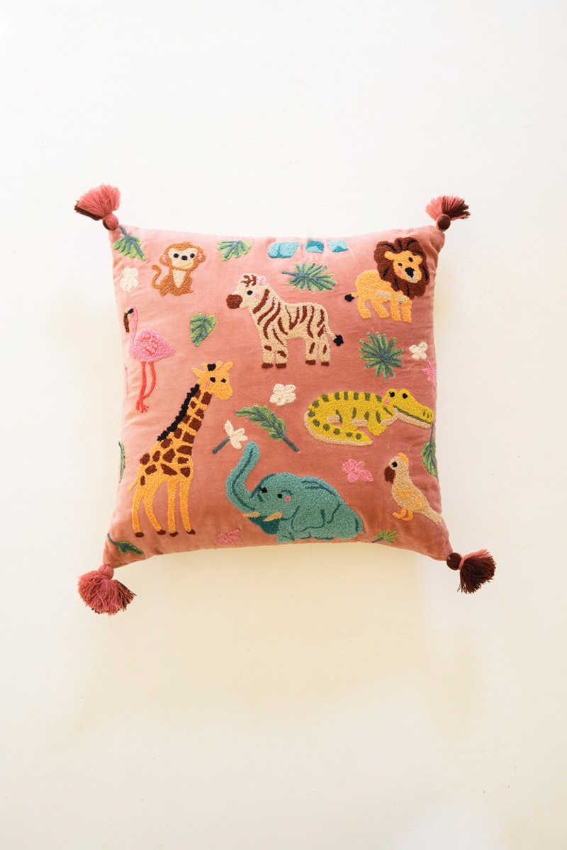 NNF1072 Embroidered Velvet Pillow with Animals, Multi Color