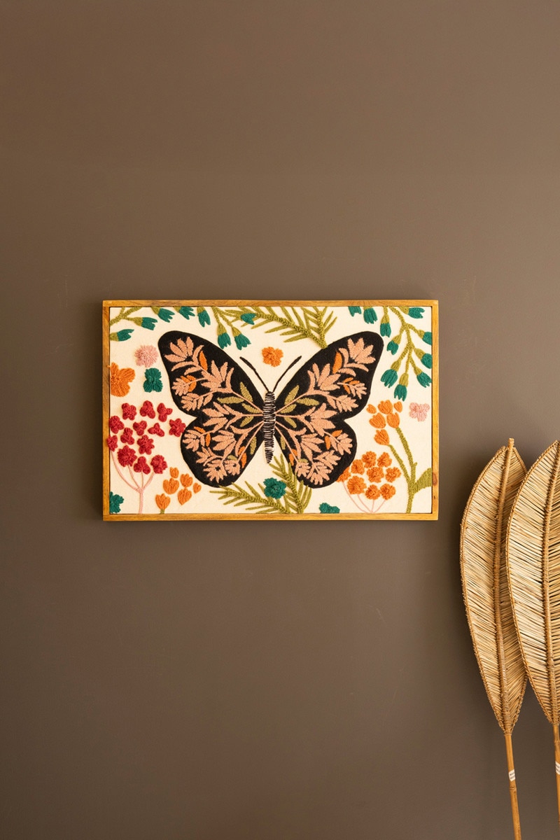 NNF1084 Framed Hand-Hooked Art with Butterfly & Flowers, Multi Color