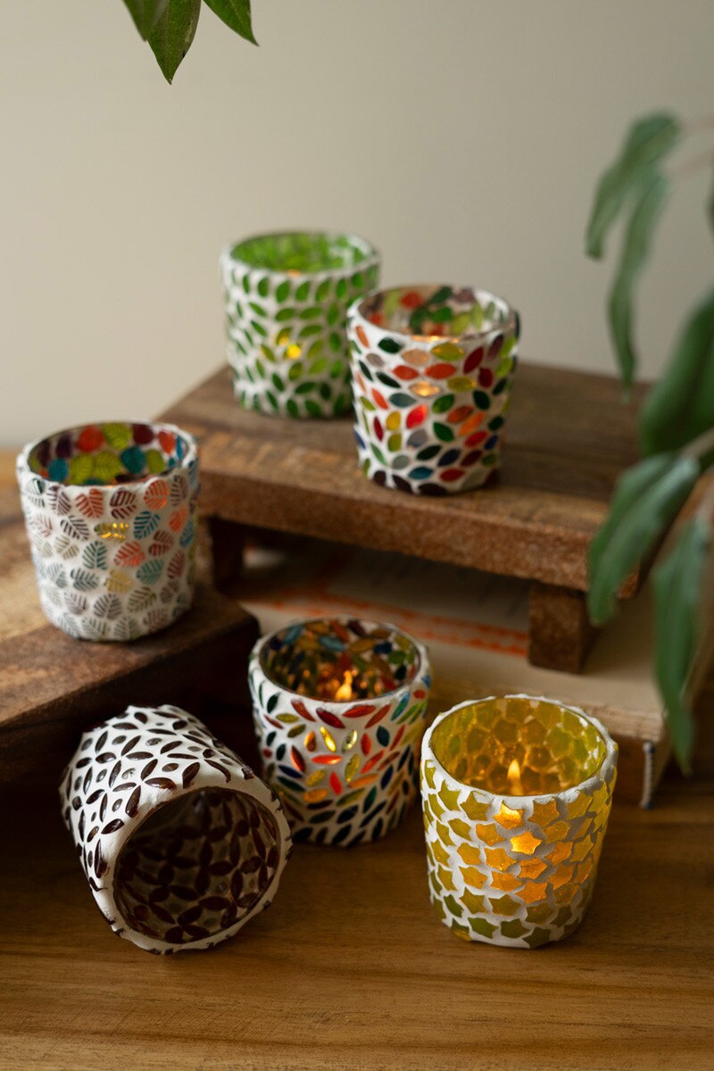NNV1289 Mosaic Glass Votive Holders, Multi Color