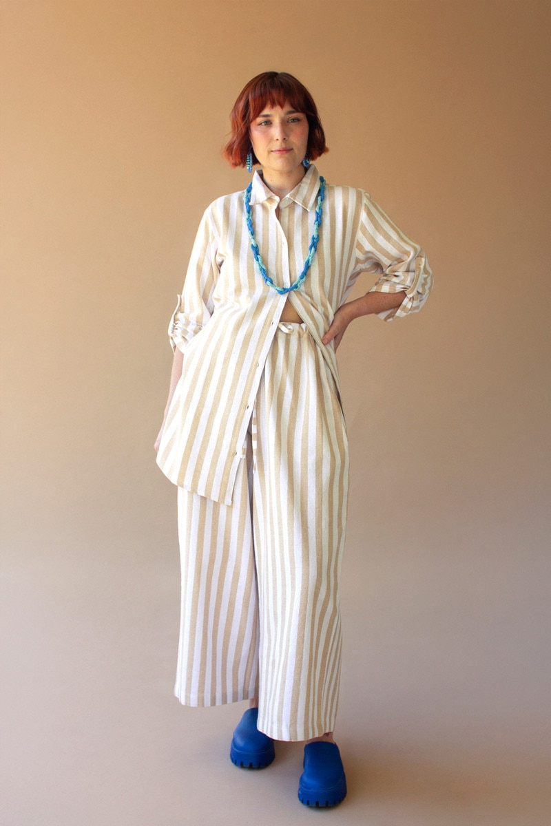 NREE1019 Striped Button-Front Shirt & Pant Set, Oatmeal