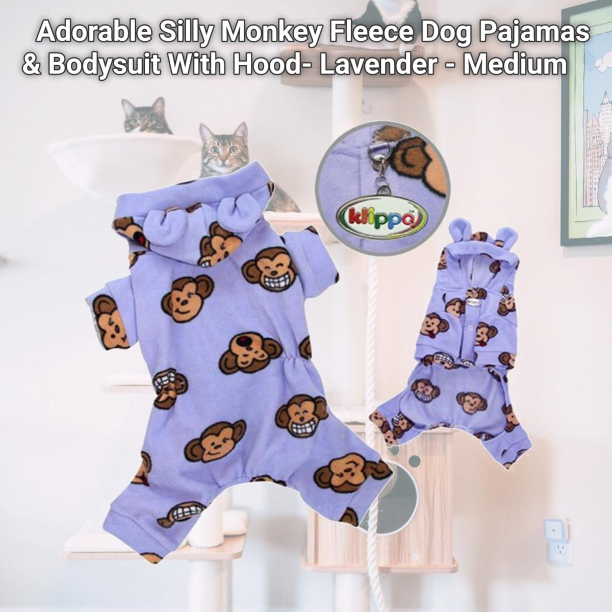 Picture of Klippo Pet KBD024MZ Adorable Silly Monkey Fleece Dog Pajamas & Bodysuit With Hood- Lavender - Medium