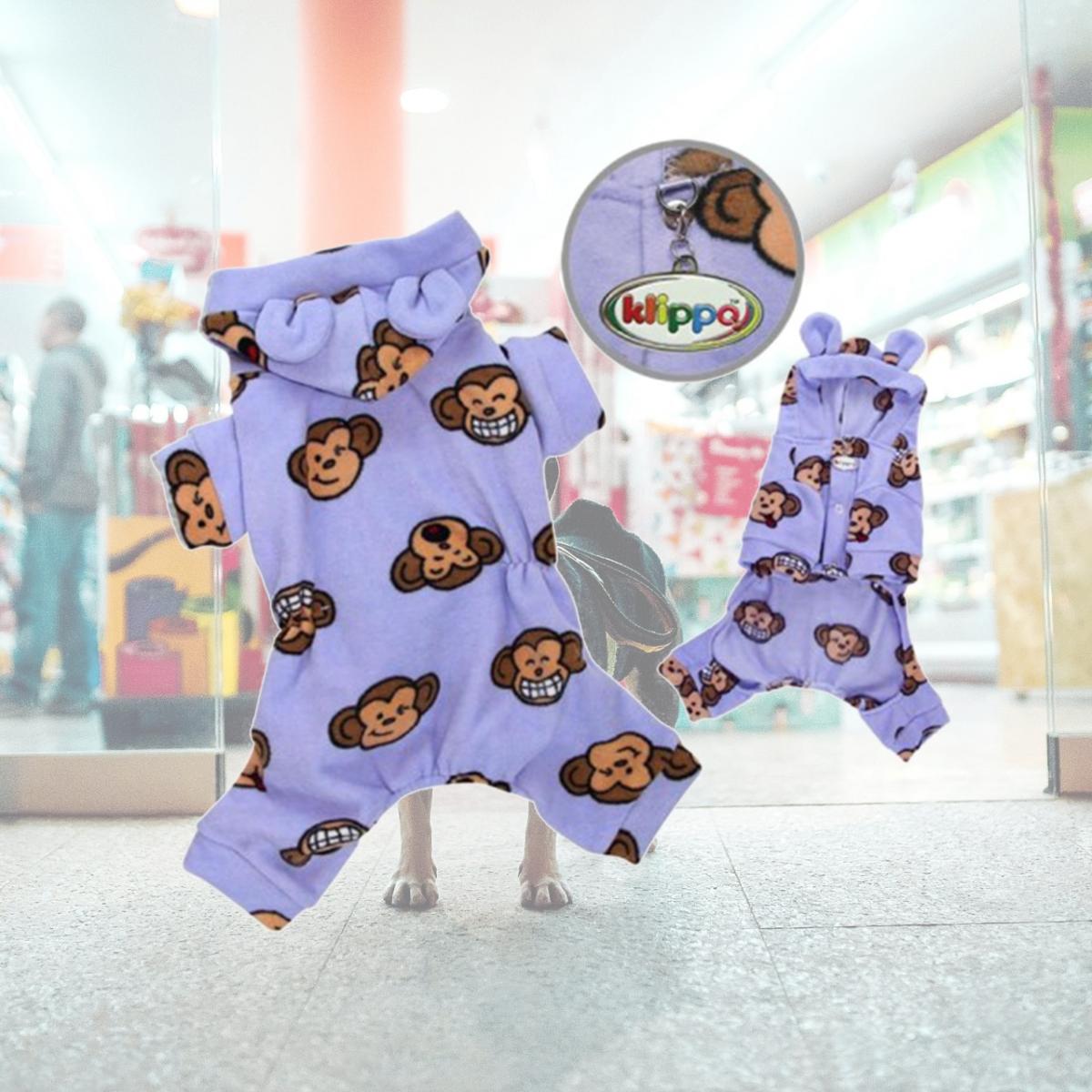 Picture of Klippo Pet KBD024MZ Adorable Silly Monkey Fleece Dog Pajamas & Bodysuit With Hood- Lavender - Medium