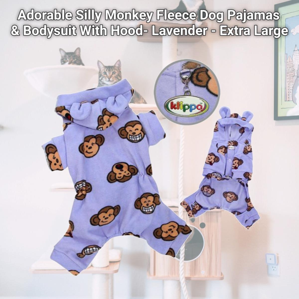 Picture of Klippo Pet KBD024XL Adorable Silly Monkey Fleece Dog Pajamas & Bodysuit With Hood- Lavender - Extra Large