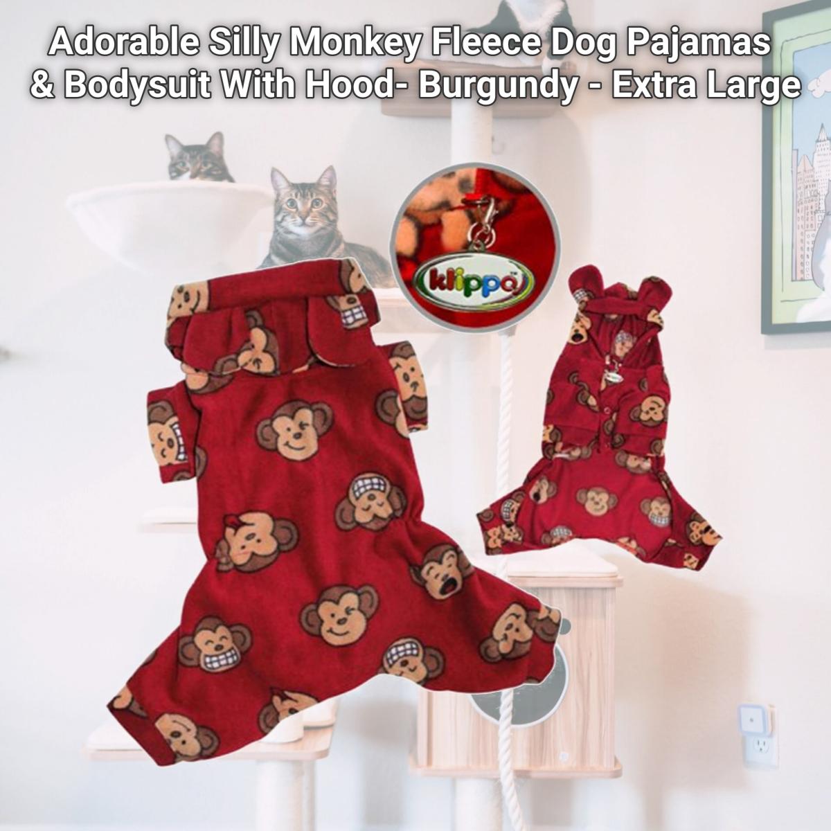 Picture of Klippo Pet KBD034XL Adorable Silly Monkey Fleece Dog Pajamas & Bodysuit With Hood- Burgundy - Extra Large