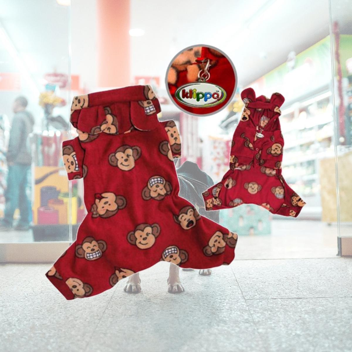 Picture of Klippo Pet KBD034XL Adorable Silly Monkey Fleece Dog Pajamas & Bodysuit With Hood- Burgundy - Extra Large