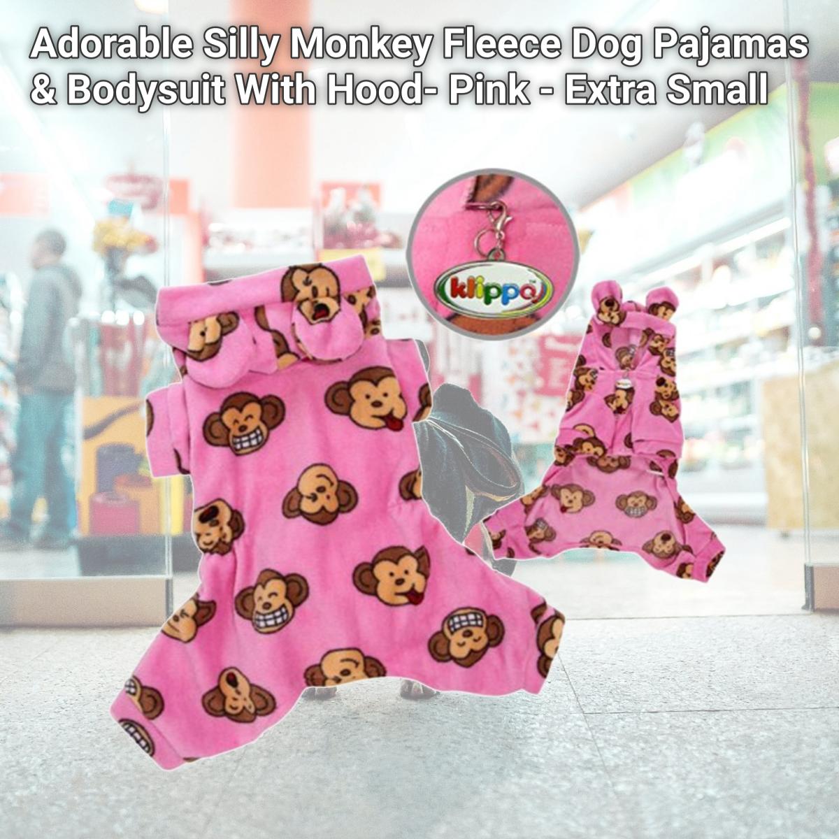 Picture of Klippo Pet KBD036XS Adorable Silly Monkey Fleece Dog Pajamas & Bodysuit With Hood- Pink - Extra Small