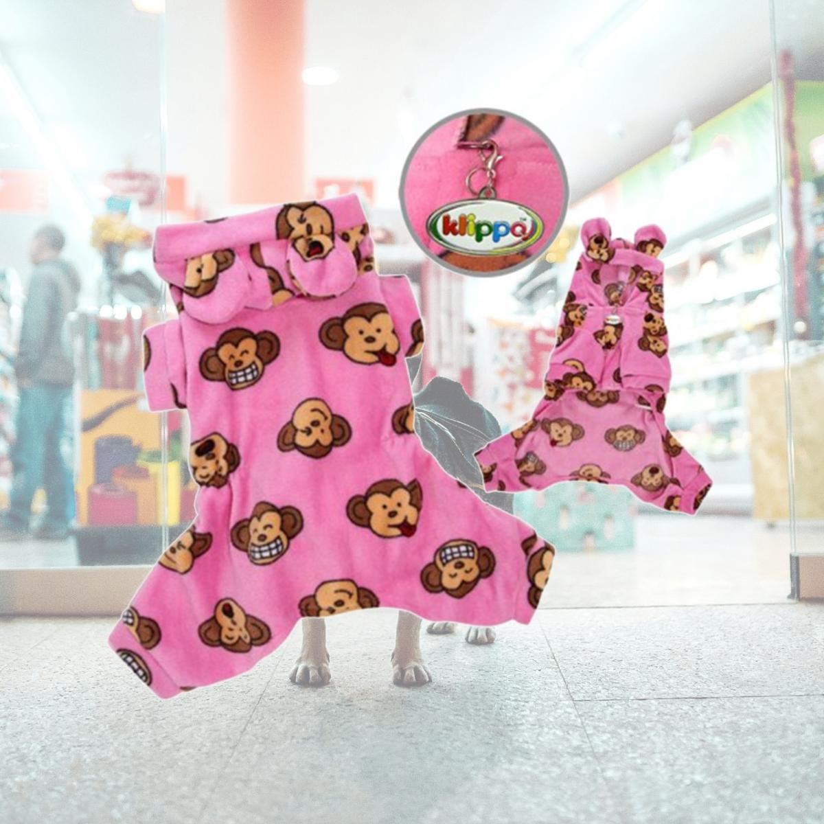 Picture of Klippo Pet KBD036XS Adorable Silly Monkey Fleece Dog Pajamas & Bodysuit With Hood- Pink - Extra Small