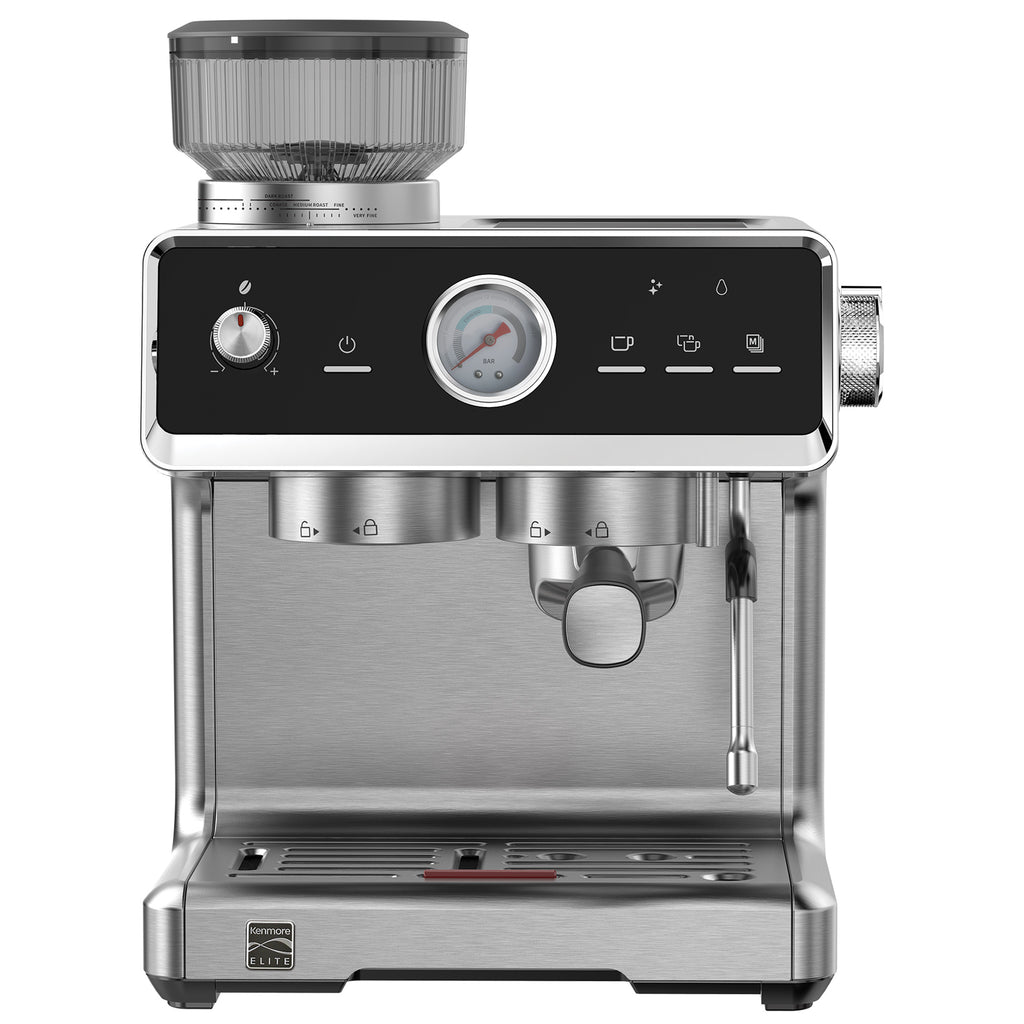 Picture of Kenmore KKECMEAT 120V 1850W Elite Stainless Steel Self Tamp Espresso Machine with Grinder & Frother, Silver & Black