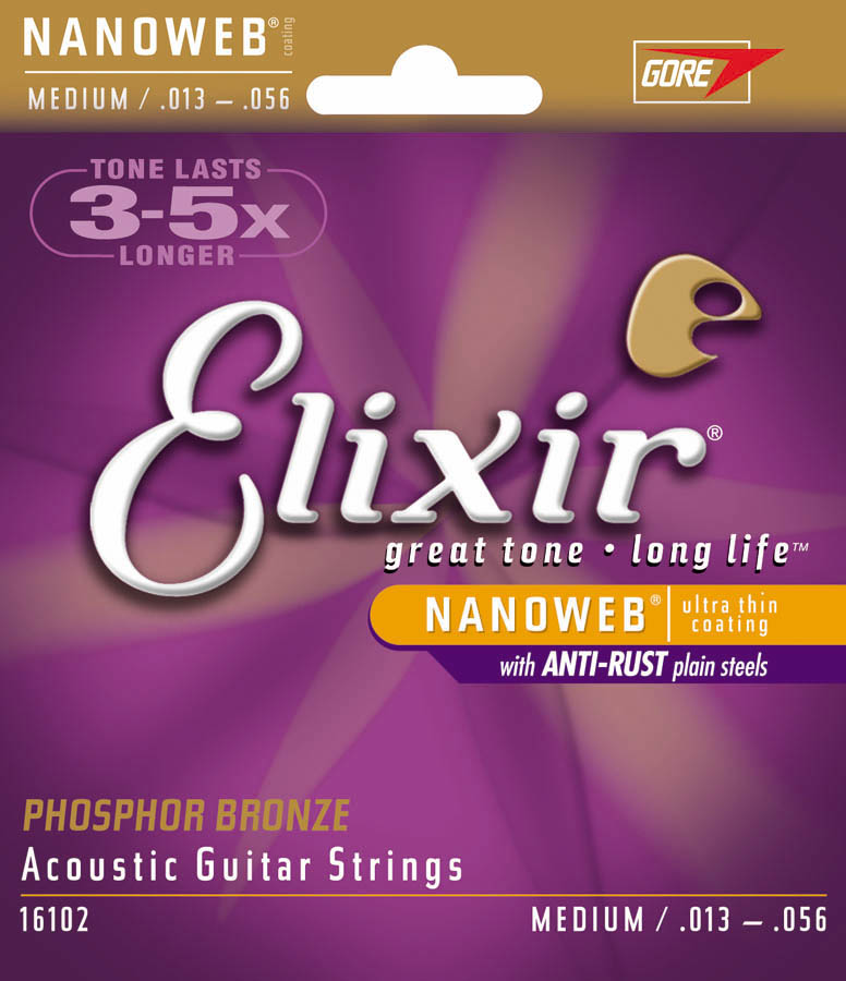 16102-U 0.013-0.056 Gauge Nanoweb Phosphor-Bronze Acoustic Guitar Strings - Medium -  Elixir