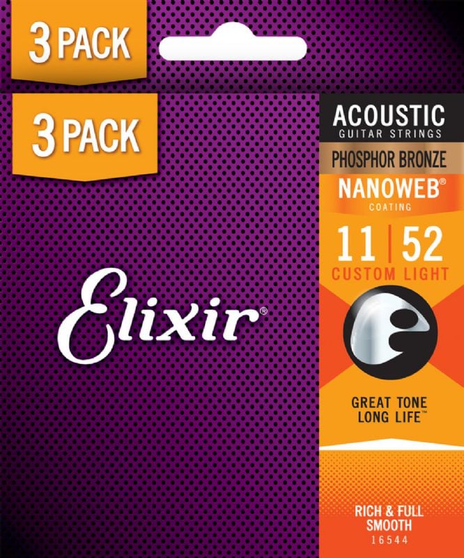 16544X-U NANOWEB Phosphor Bronze Acoustic Guitar Strings - Custom Light 11-52 - Pack of 3