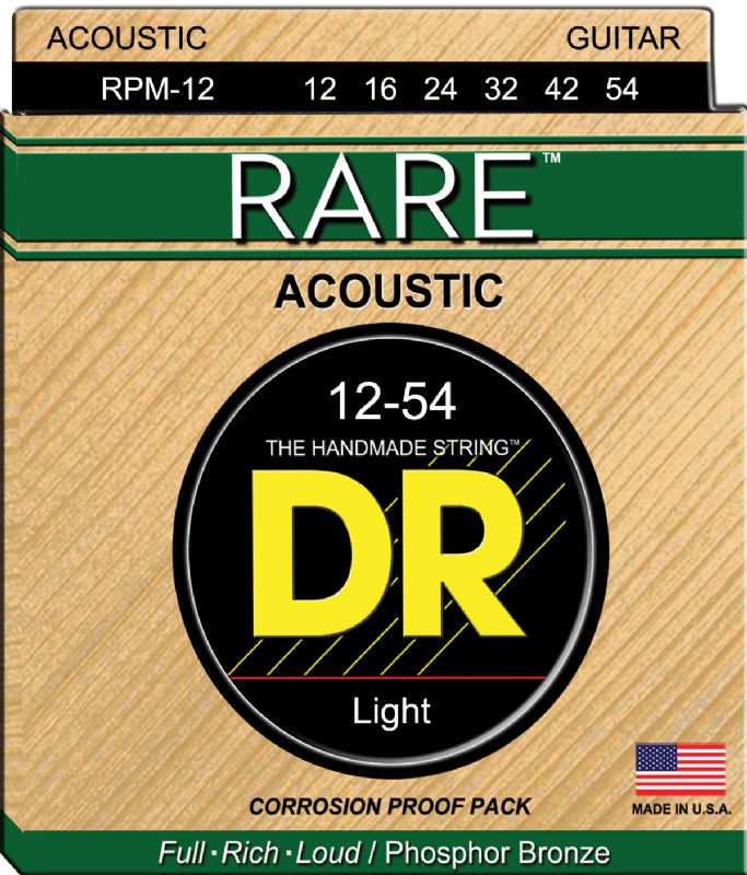DR Handmade Strings RPM-12-3PK-U Rare Phosphor Bronze Acoustic Guitar Strings - Gauge 12-54 - Pack of 3