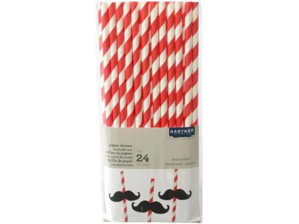 Picture of Kole Imports AF925-104 Red Stripe with Mustaches Paper Straws, 24 Count - Pack of 104