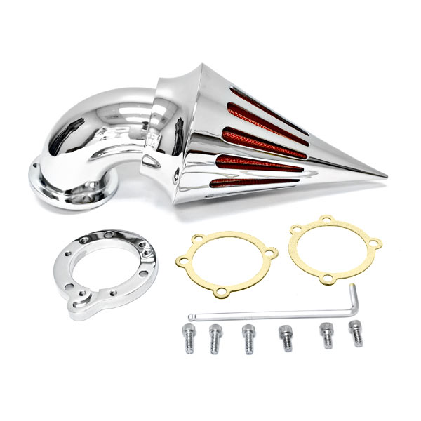 MT227 High Quality Billet Aluminum Cone Spike Air Cleaner Kit, Chrome with Red Filter -  Krator