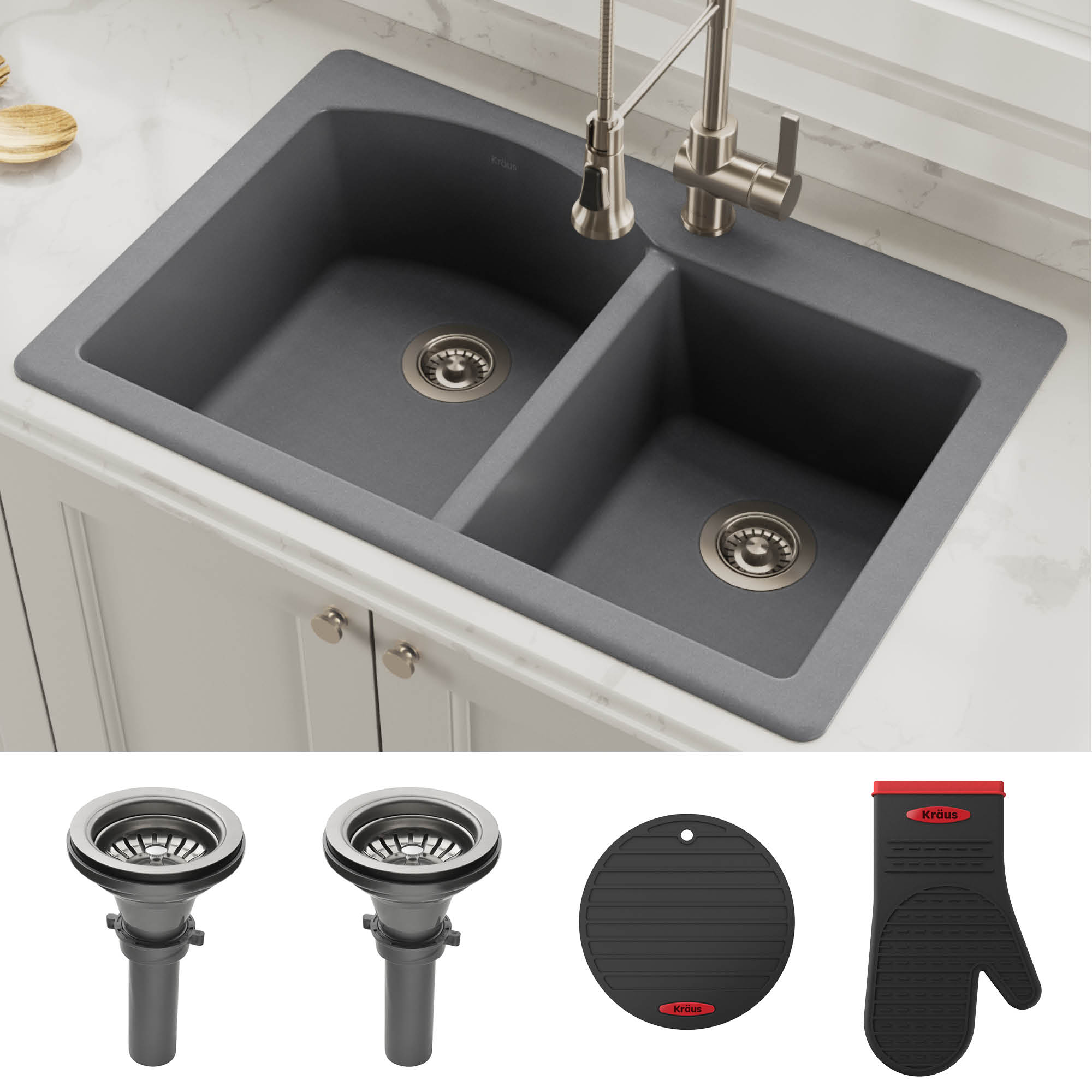 Kraus Forteza   33 in. Dual Mount60/40 Double Bowl Granite Kitchen Sink in Grey