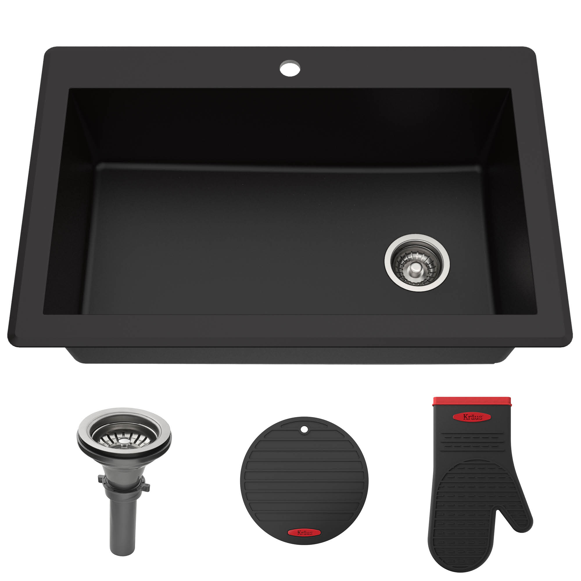 33 in. Dual Mount Single Bowl Granite Kitchen Sink, Black