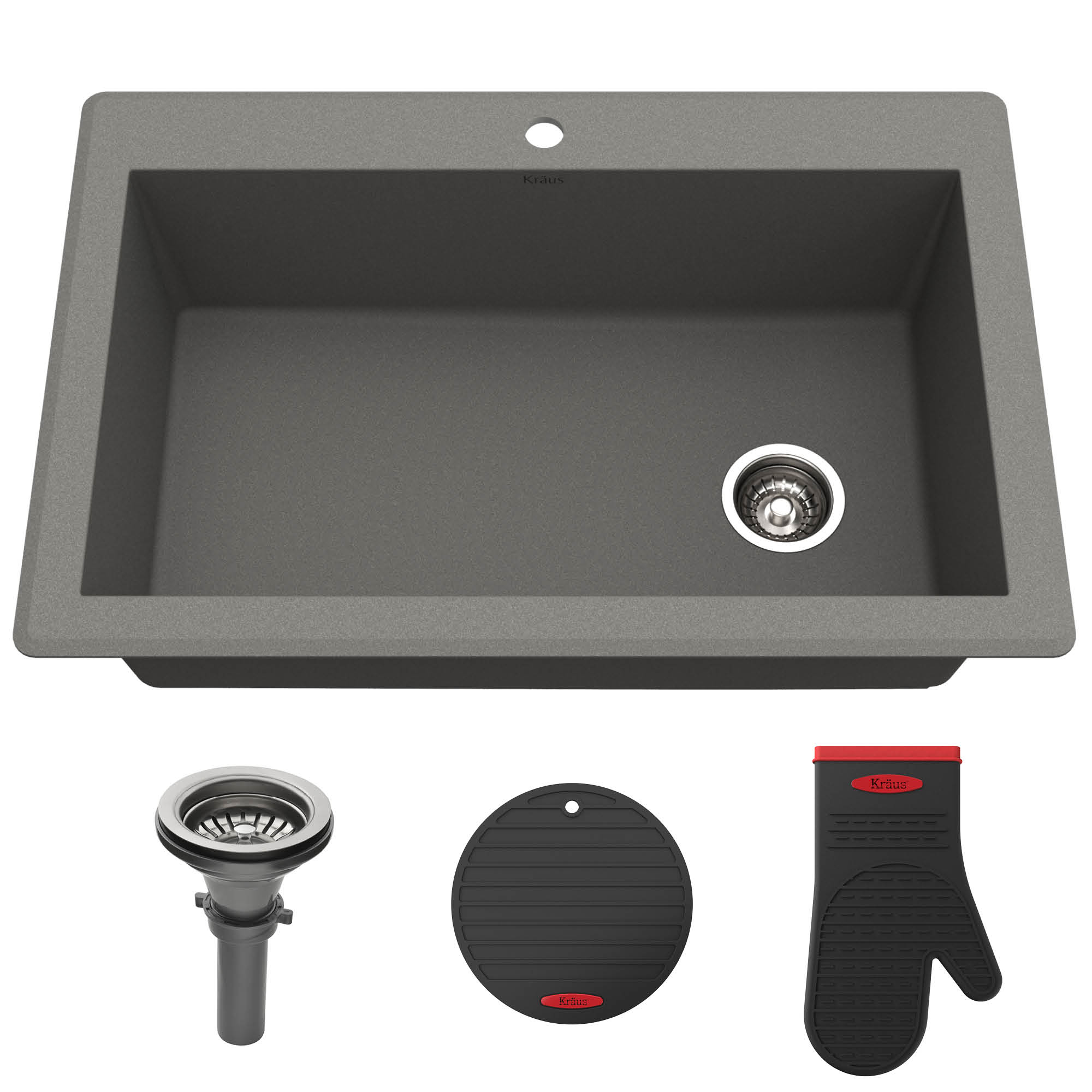 33 in. Dual Mount Single Bowl Granite Kitchen Sink, Grey