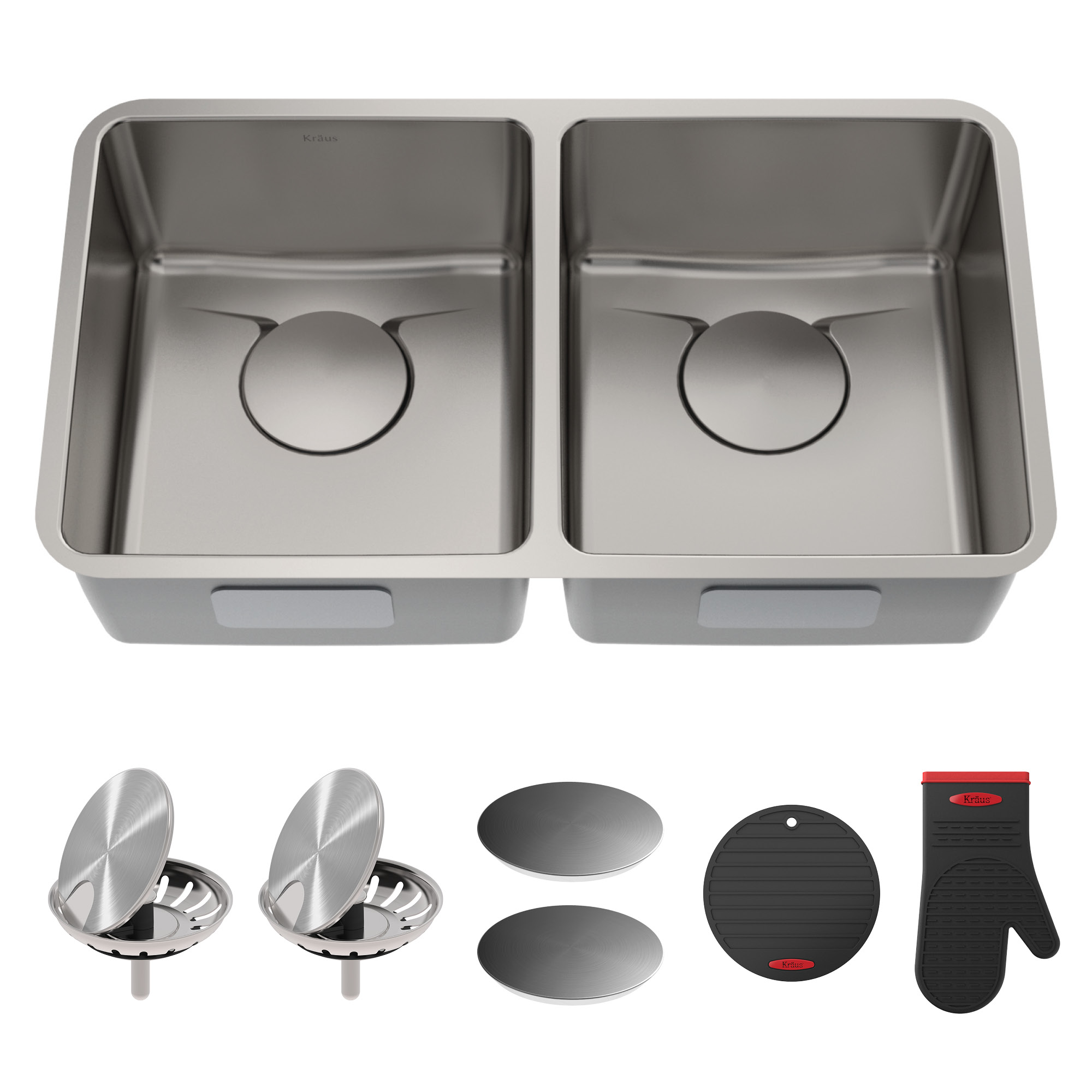 Kraus  33 in. Undermount Double Bowl Kitchen Sink with DrainAssure WaterWay & VersiDrain Assembly - Radiant Pearl