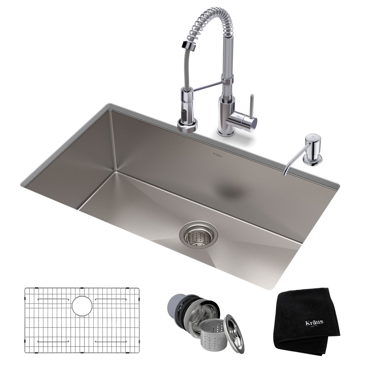 USA  32 x 19 x 10 in. Standard PRO Farmhouse Kitchen Sink & Bolden, Chrome - Stainless Steel - Kraus KHU100-32-1610-53CH