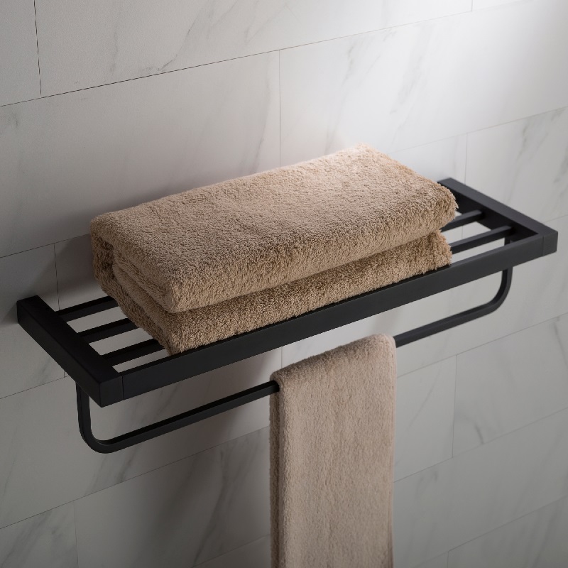 Stelios Bathroom Shelf with Towel Bar, Matte Black
