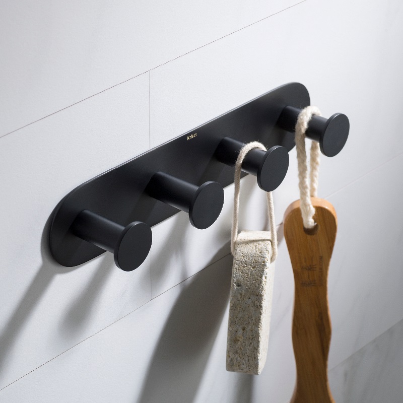 Elie Bathroom Robe & Towel Hook Rack with 4 Hooks, Matte Black