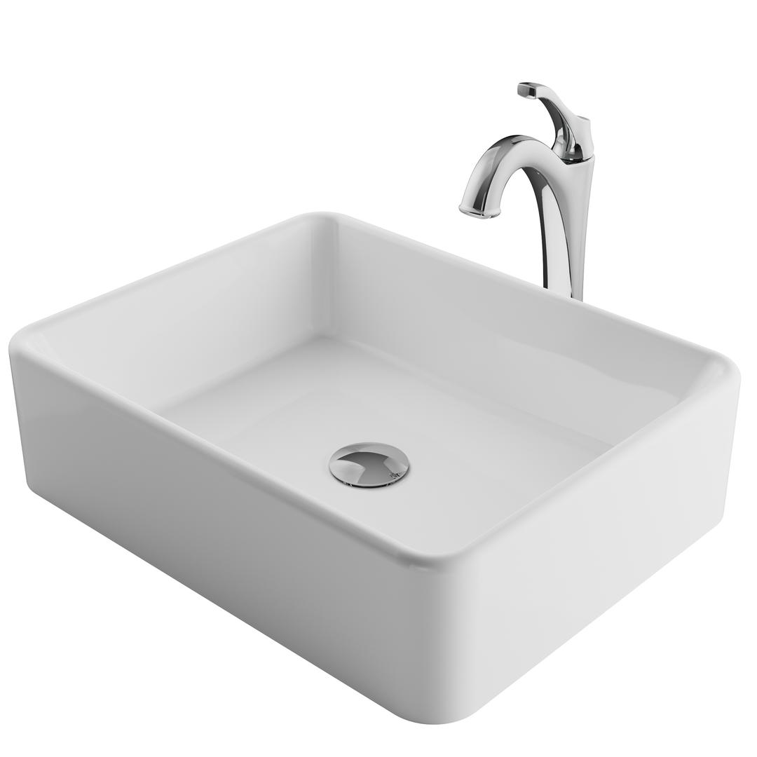 19 in. Elavo Modern Rectangular White Porcelain Ceramic Bathroom Vessel Sink & Arlo Faucet Combo Set with Pop-Up Drain, Chrome -  Doba-BNT, SA2137294