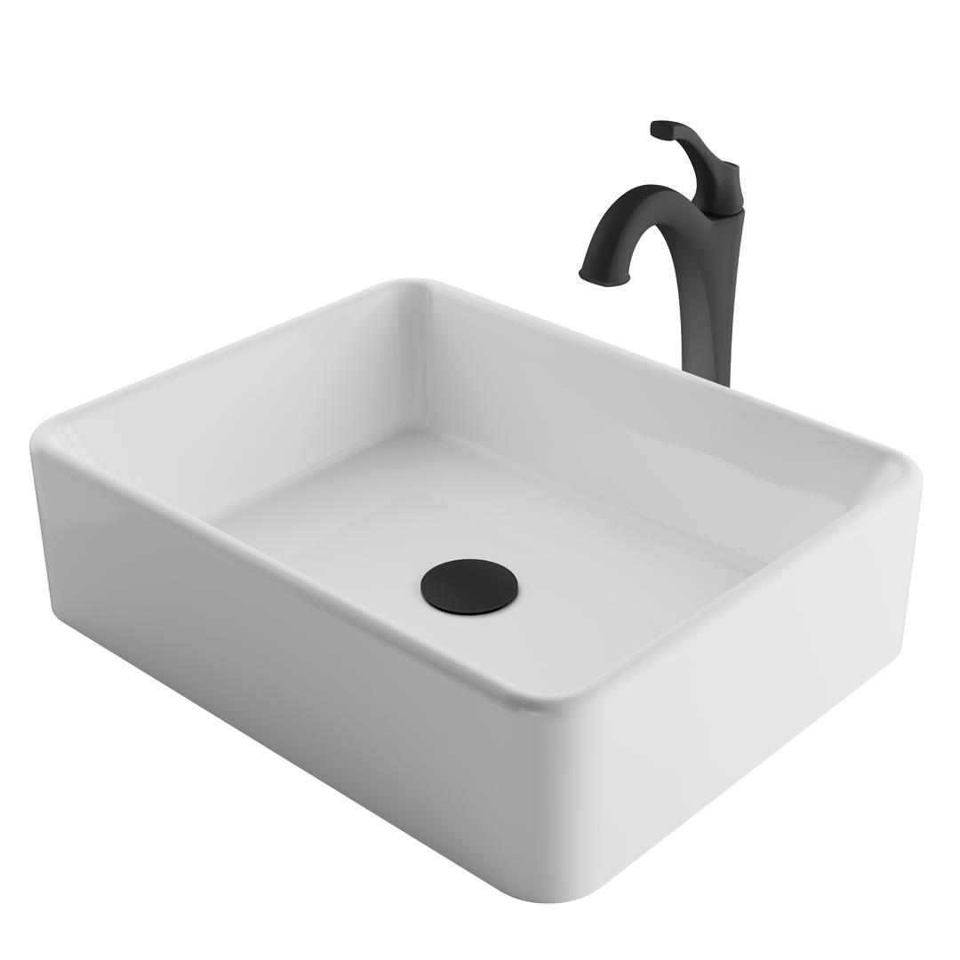 Kraus  19 in. Elavo Modern Rectangular White Porcelain Ceramic Bathroom Vessel Sink & Matte Black Arlo Faucet Combo Set with Pop-Up Drain