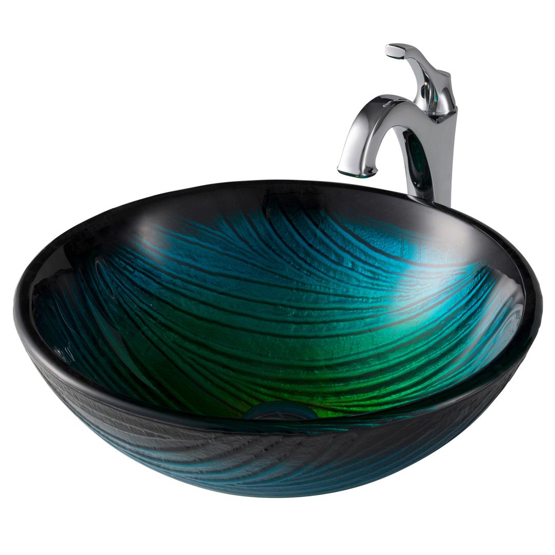 Kraus C-GV-391-19mm-1200CH 17 in. Green Glass Nature Series Bathroom Vessel Sink & Arlo Faucet Combo Set with Pop-Up Drain, Chrome -  Daniel Kraus