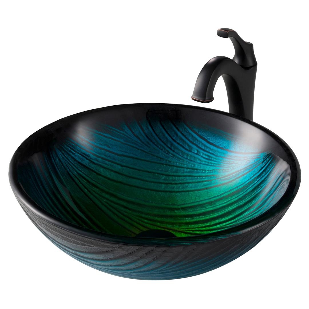 Kraus C-GV-391-19mm-1200ORB 17 in. Green Glass Nature Series Bathroom Vessel Sink & Arlo Faucet Combo Set with Pop-Up Drain, Oil Rubbed Bronze -  Daniel Kraus
