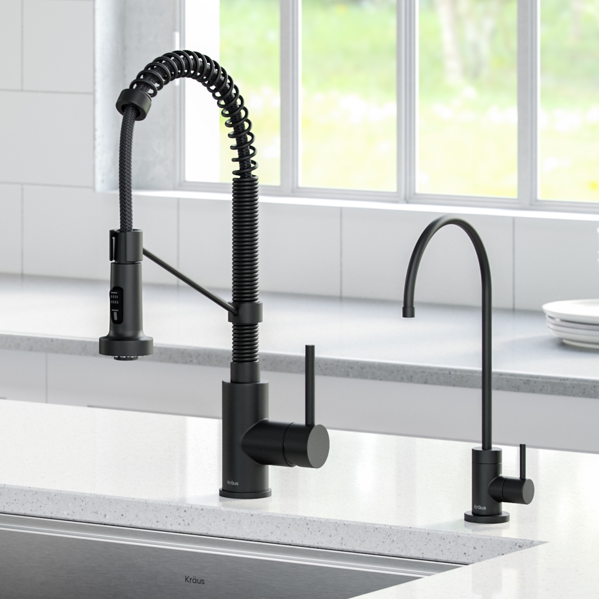 Kraus  Bolden Commercial Style Pull-Down Kitchen Faucet & Purita Water Filter Faucet Combo  - Matte Black