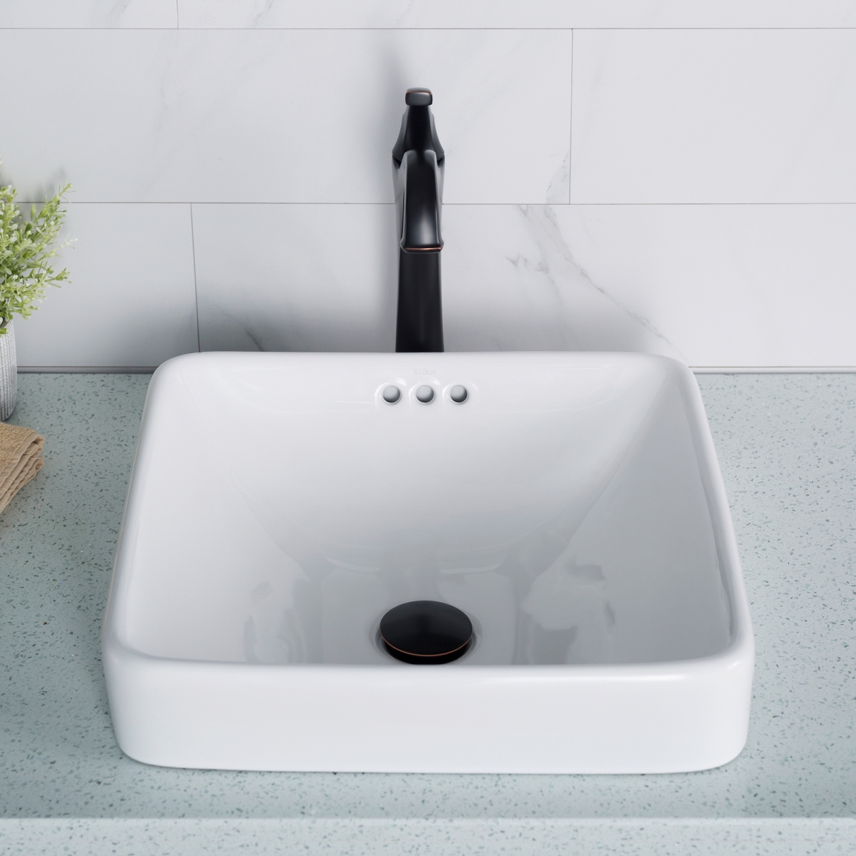 Kraus  16.5 in. Elavo Square Semi-Recessed Vessel Porcelain Ceramic Bathroom Sink with Overflow, White - Pack of 2