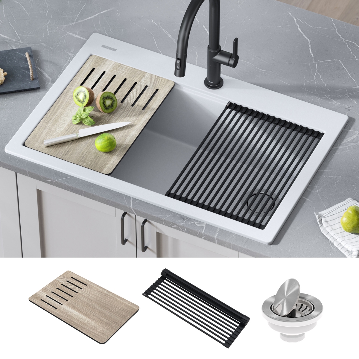 Kraus  33 in. Bellucci Workstation Drop-In Granite Composite Single Bowl Kitchen Sink with Accessories, White