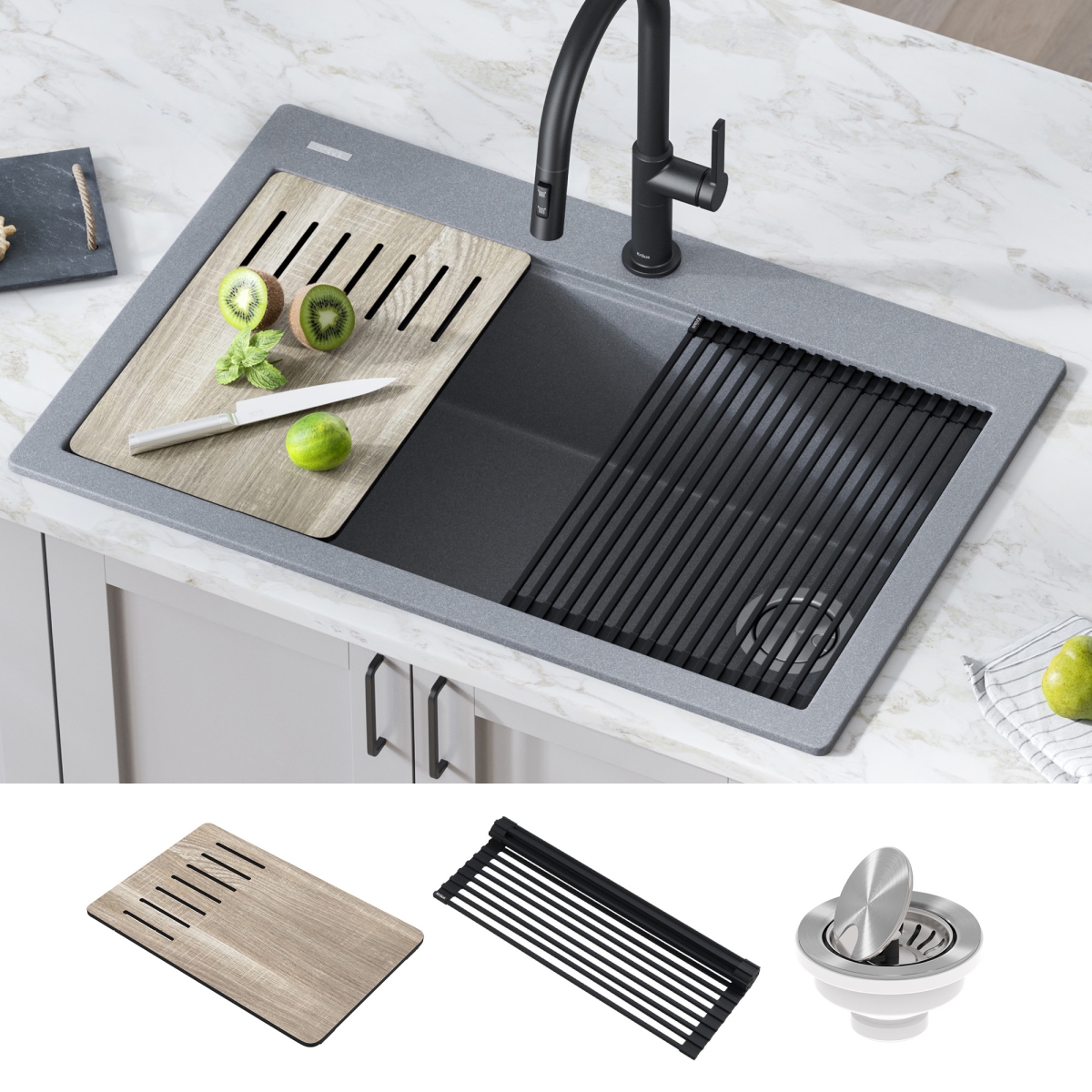 33 in. Bellucci Workstation Drop-In Granite Composite Single Bowl Kitchen Sink with Accessories, Metallic Gray