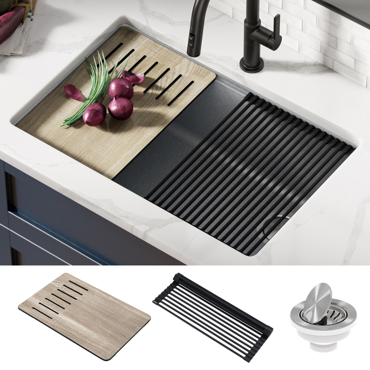Kraus  30 in. Bellucci Workstation Undermount Granite Composite Single Bowl Kitchen Sink, Metallic Gray