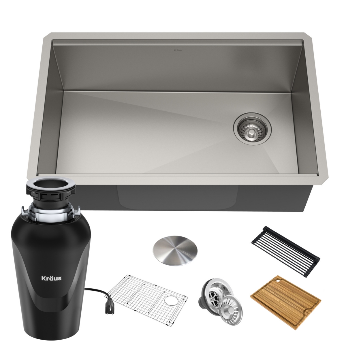 Kraus  32 in. Undermount Single Bowl Stainless Steel Kitchen Sink with Wasteguard & Continuous Feed Garbage Disposal, Satin - Pack of 5