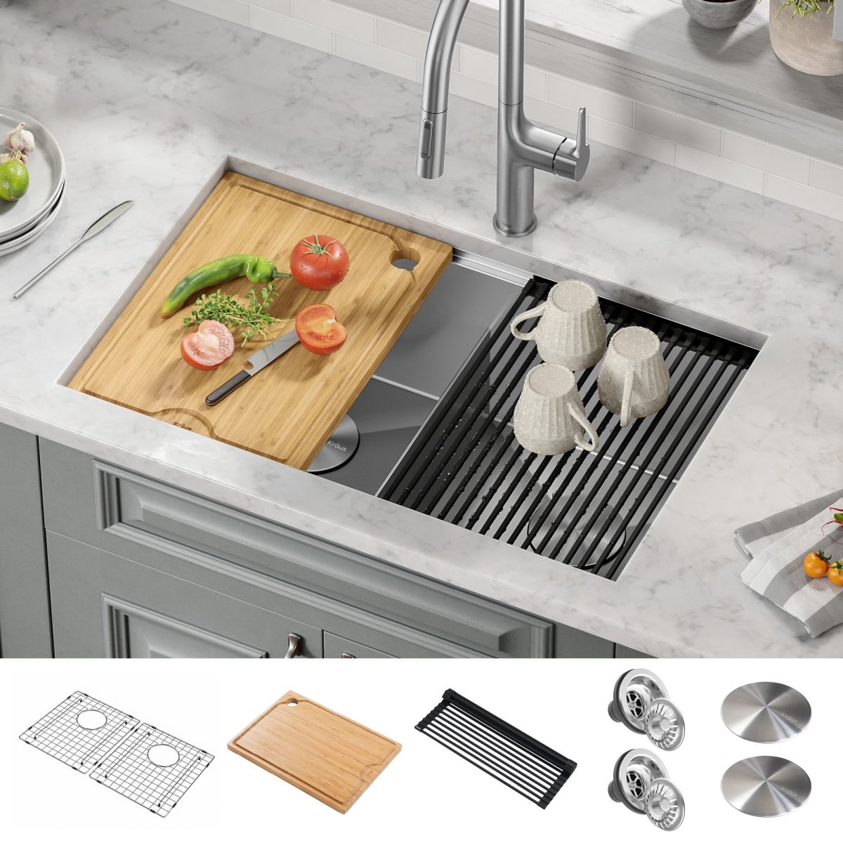 Kraus  30 in. Kore Undermount Workstation Stainless Steel Double Bowl Kitchen Sink with Accessories - 16 Gauge