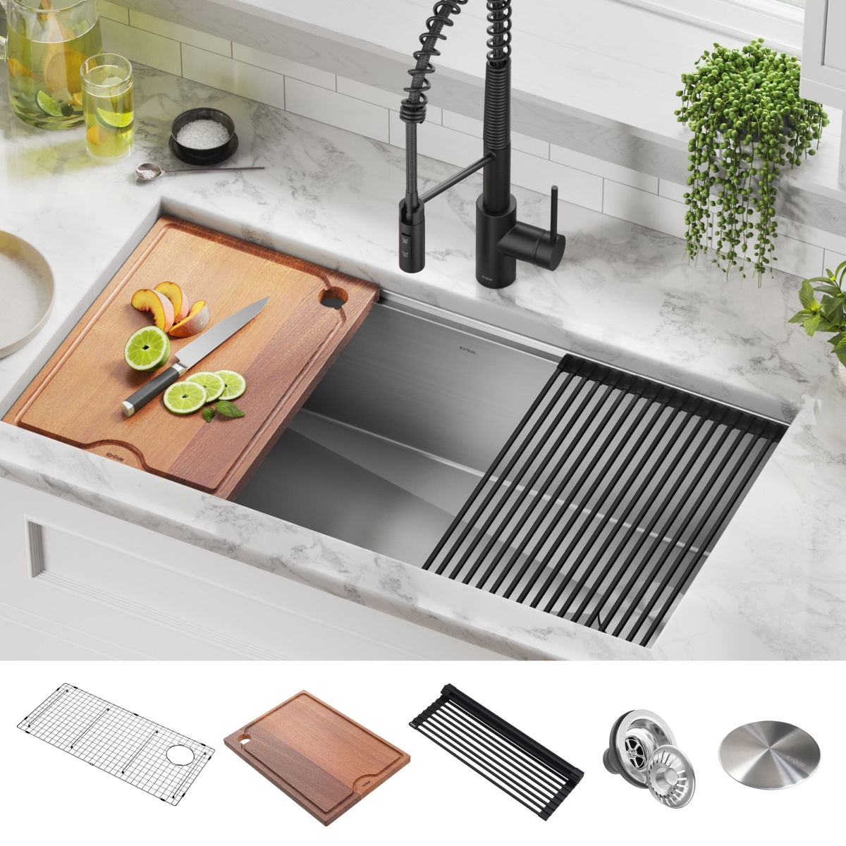 Kraus KWU110-36 9.5 x 19 x 36 in. Kore Undermount Workstation 16 Gauge Stainless Steel Single Bowl Kitchen Sink with Accessories