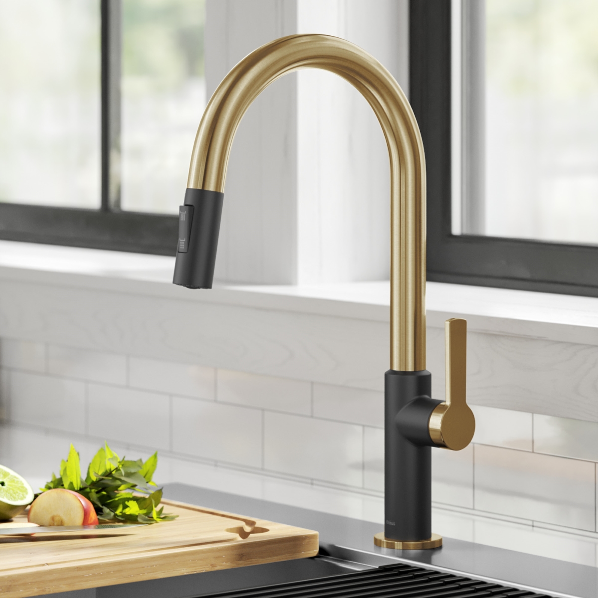 Oletto Single Handle Pull-Down Kitchen Faucet, Brushed Brass & Matte Black - Kraus KPF-2820BBMB