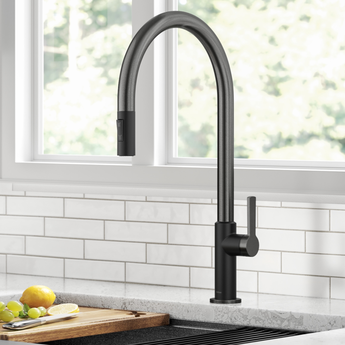 Kraus  Oletto High-Arc Single Handle Pull-Down Kitchen Faucet, Matte Black & Spot Free Black Stainless Steel