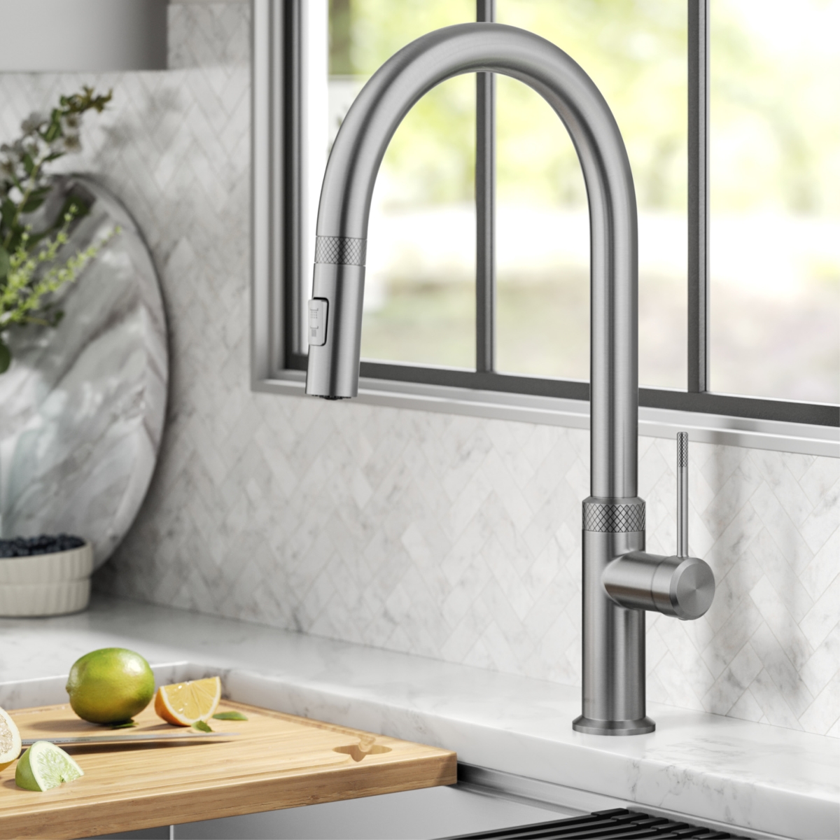Kraus  17.37 in. Allyn Modern Industrial Pull-Down Single Handle Kitchen Faucet, Spot Free Stainless Steel