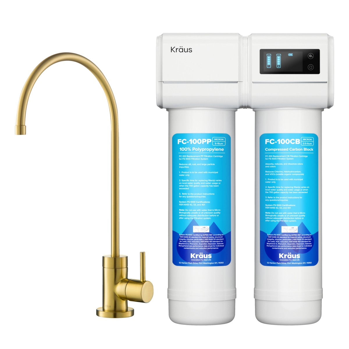 Purita 2-Stage Under-Sink Filtration System with Single Handle Drinking Water Filter Faucet, Brushed Brass - Kraus FS-1000-FF-100BB