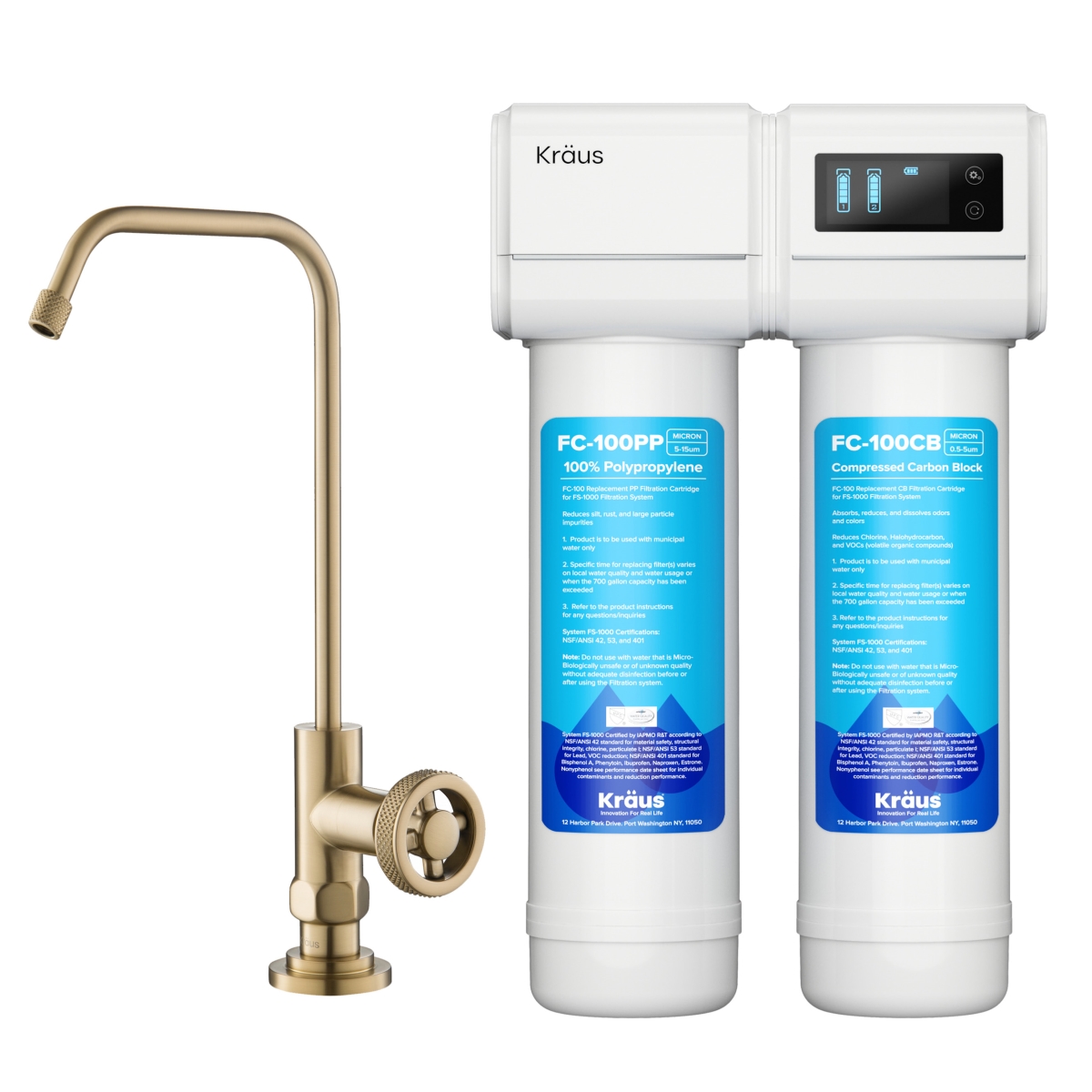 Purita 2-Stage Under-Sink Filtration System with Urbix Single Handle Drinking Water Filter Faucet, Brushed Gold - Kraus FS-1000-FF-101BG