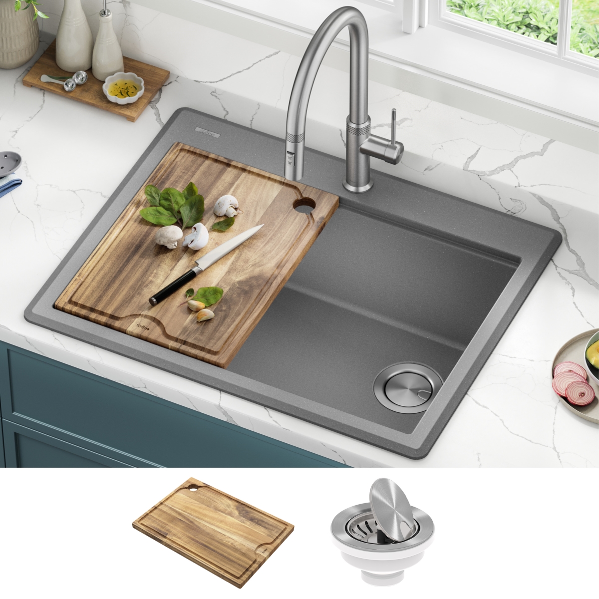 Kraus  28 in. Bellucci Granite Composite Workstation Drop-In Top Mount Single Bowl Kitchen Sink with Accessories, Metallic Grey
