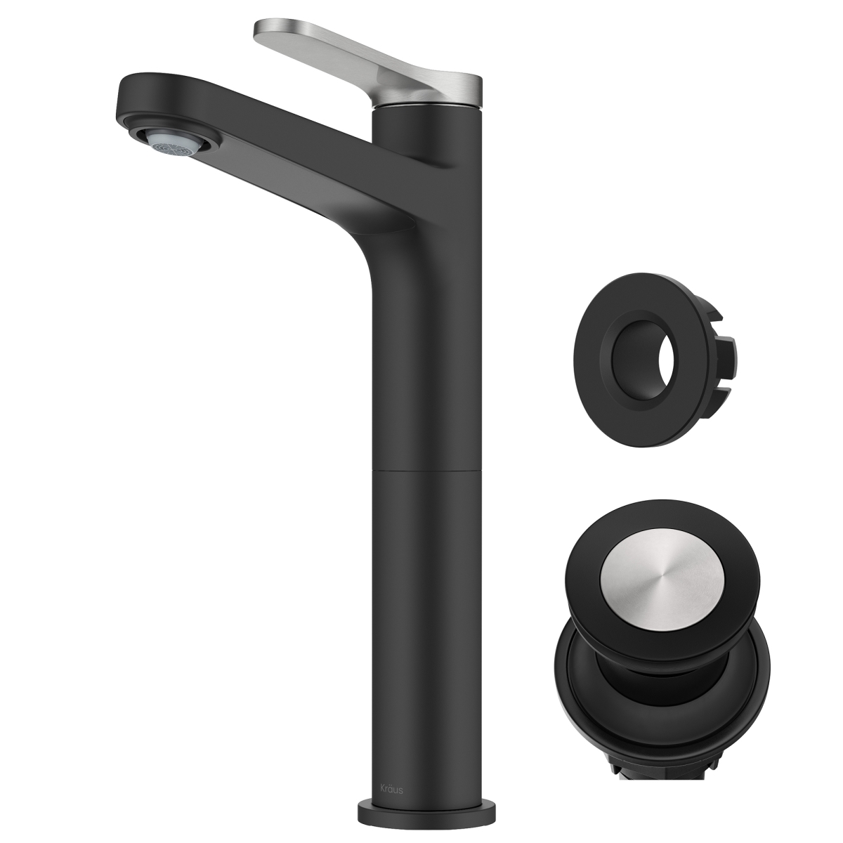 Picture of Kraus KVF-1410SFBNMB Indy Single Handle Vessel Bathroom Faucet with Pop Up Drain & Supply Lines in Spot-Free Brushed Nickel & Matte Black
